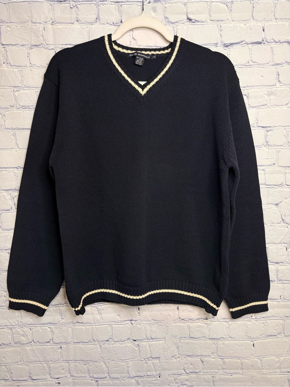 VINTAGE Club Monaco Black Varsity Cricket Preppy Business Casual VNeck Sweater L